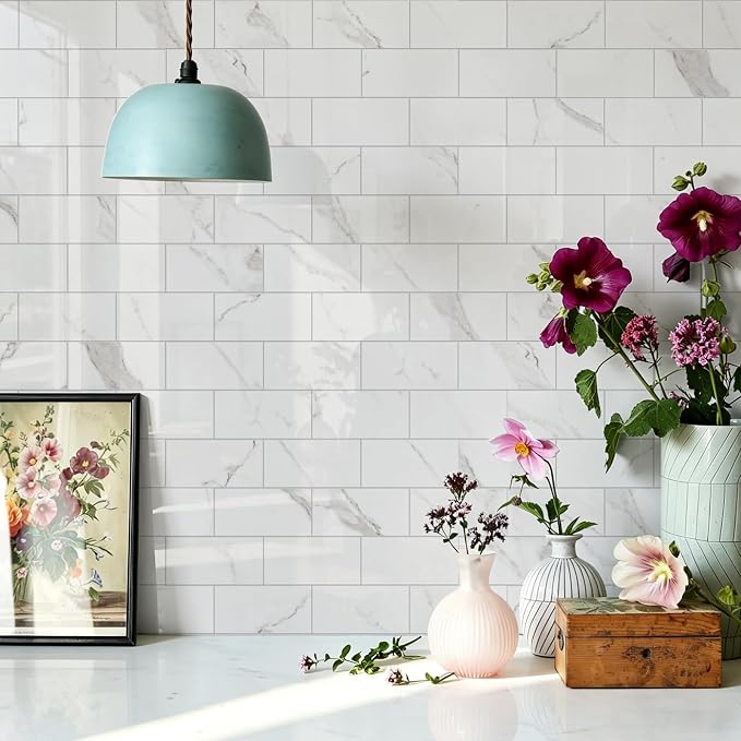 Vamos Tile 100-Piece Peel and Stick Backsplash Seamless Tile,3''x6'' Glossy Statury White Marble with White Grout PVC Subway Tile,Stick on Backsplash for Kitchen/Bathroom/Laundry Room