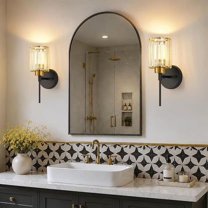 Bathroom Wall Sconces Set of 2, Black & Gold Wall Lights with Clear K9 Crystal Shades, Bathroom Light Fixtures for Bedroom, Living Room, Hallway