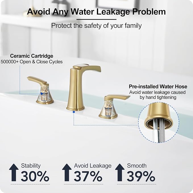 Brass Waterfall Tub Faucet, 3 Hole Brushed Gold Bathtub Faucet Set, 6-16 Inch Widespread Deck Mount with 2 Handle & cUPC Supply Water Hoses for Roman Style, 20 Mins Quick Installation