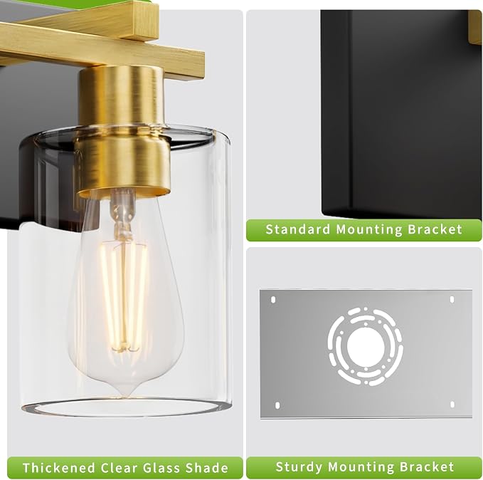 4-Light 30inch Black and Gold Vanity Light, Thickened Clear Glass | Over Mirror for Bathroom, Rust Resistant, E26 Base, Easy Install, Removable Glass Shade Horizontal Mount, Dimmable