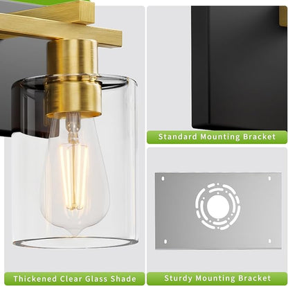 4-Light 30inch Black and Gold Vanity Light, Thickened Clear Glass | Over Mirror for Bathroom, Rust Resistant, E26 Base, Easy Install, Removable Glass Shade Horizontal Mount, Dimmable