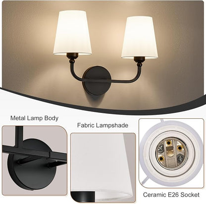 Bathroom Vanity Light, Matte Black Bathroom Lighting Fixtures Over Mirror | 2-Light Bathroom Light Fixtures with Flared White Fabric Shade, E26 Socket (ETL Listed)