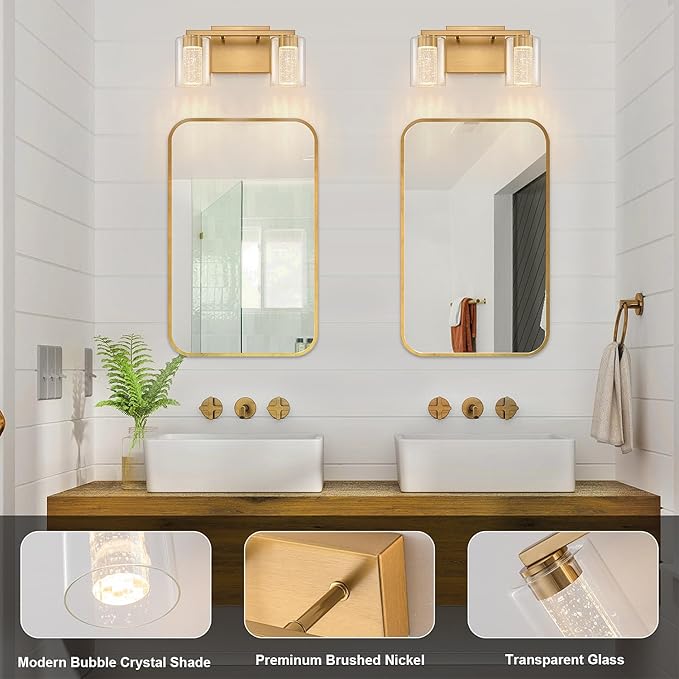 SineRise 2-Light Gold Vanity Light with 3 Color Modes (3000K/4000K/6000K), Eye Protection LED Bathroom Light Fixture, Dimmable Modern Wall Light Over Mirror with Clear Glass Shade