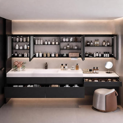 112" Bathroom Vanity with Sink, Modern Floating Bathroom Vanity, with Smart LED Defog Mirror, Plywood Storage Mirror Cabinet Soft Closing, Display Time, Fully Pre-Assembled with Dressing Table