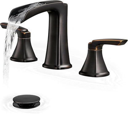 Brass Waterfall Faucet, Oil Rubbed Bronze Bathroom Sink Faucet, 4-16 Inch Widespread Bathroom Faucet, 2 Handle Bathroom Faucets for Sink 3 Hole with Overflow Pop-up Drain for Farmhouse Apartment