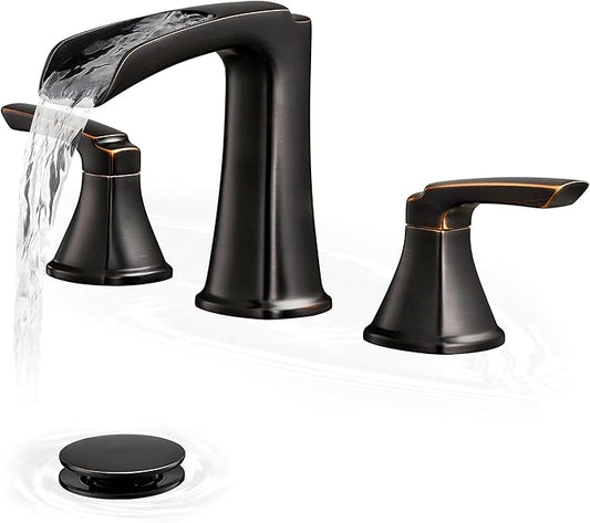 Brass Waterfall Faucet, Oil Rubbed Bronze Bathroom Sink Faucet, 4-16 Inch Widespread Bathroom Faucet, 2 Handle Bathroom Faucets for Sink 3 Hole with Overflow Pop-up Drain for Farmhouse Apartment