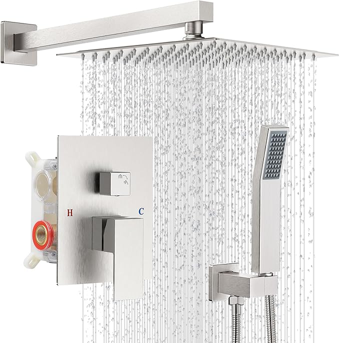 Shower Faucet Set With Shower Head And Handheld,Brush Nickel Shower System | Wall Mounted,2-Function SUS304 Rain Head and Handle System，Shower Valve Body