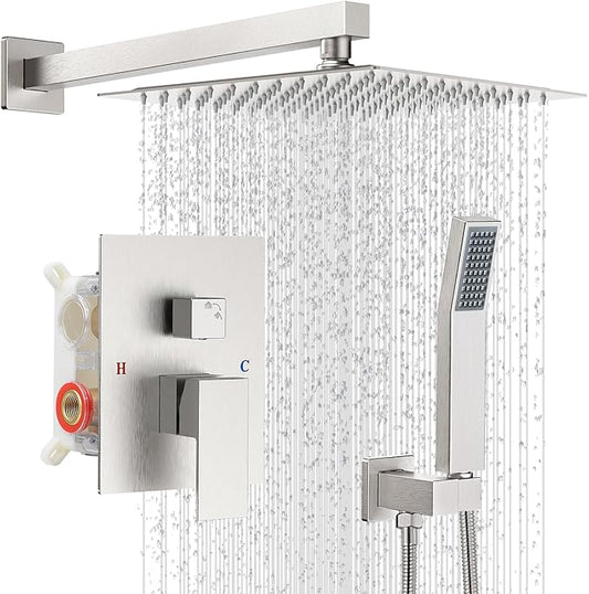 Shower Faucet Set With Shower Head And Handheld,Brush Nickel Shower System | Wall Mounted,2-Function SUS304 Rain Head and Handle System，Shower Valve Body