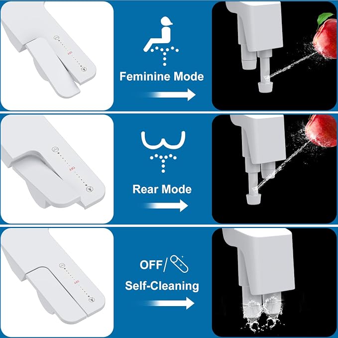 Bidet Attachment for Toilet, Non-Electric Bidet Self-Cleaning Dual Nozzle (Feminine/Rear Wash), Cold Water Bidets Sprayer for Existing Toilets Cover with Adjustable Pressure, Easy to Install, White