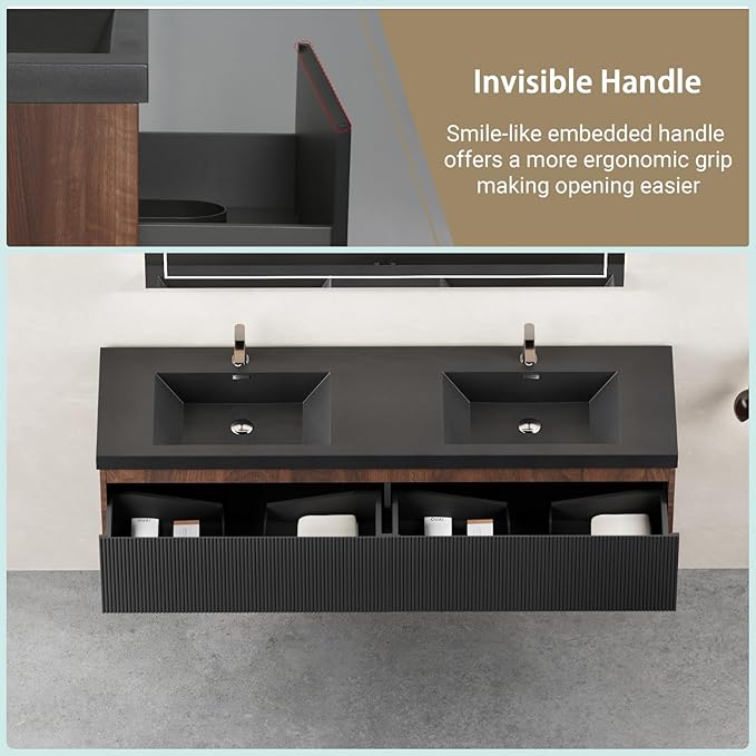 Wall Mounted Bathroom Sink Vanity, Modern 72" Floating Vanity with 2 Resin Top Basins and 2 U-Shaped Soft-Close Storage Drawers, Striped Bathroom Storage Cabinet with Invisible Handle, Black