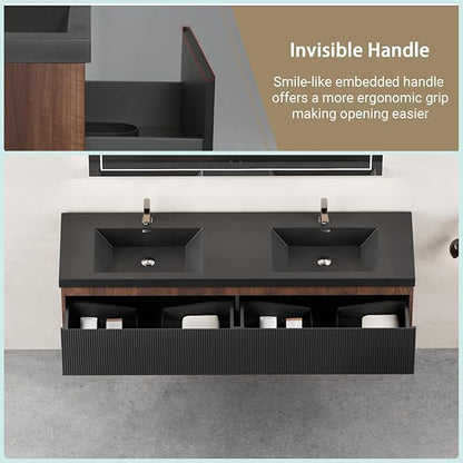 Wall Mounted Bathroom Sink Vanity, Modern 72" Floating Vanity with 2 Resin Top Basins and 2 U-Shaped Soft-Close Storage Drawers, Striped Bathroom Storage Cabinet with Invisible Handle, Black