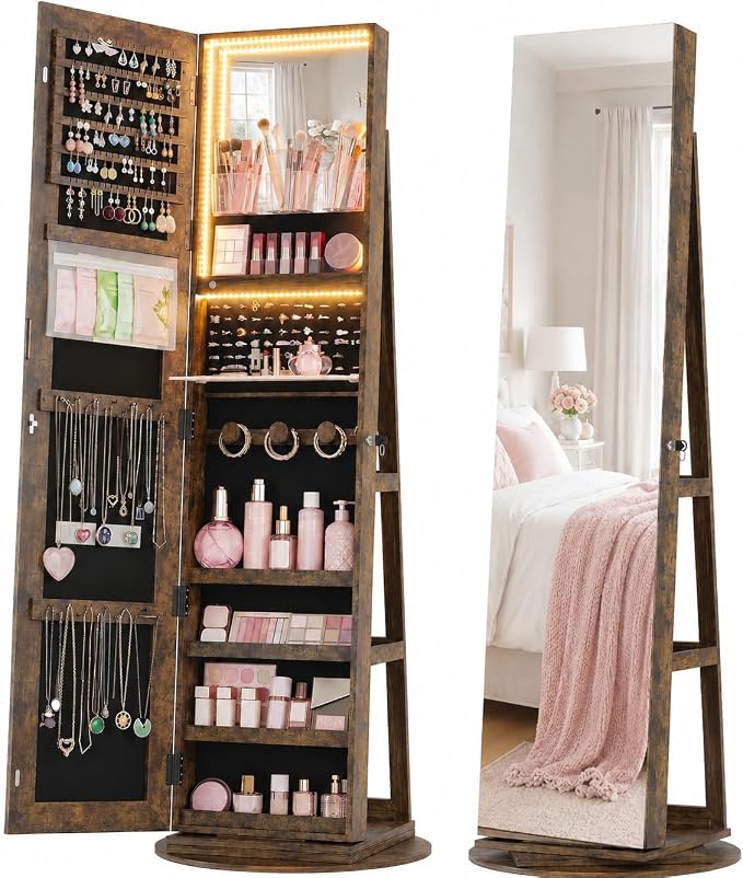 Vlsrka 360° Swivel Mirror Jewelry Cabinet, Lockable Jewelry Armoire, Brown | Standing Jewelry Cabinet with Lights, Framelss Mirror with Storage, Foldable Makeup Shelf, Interior Mirror, Gift for Women