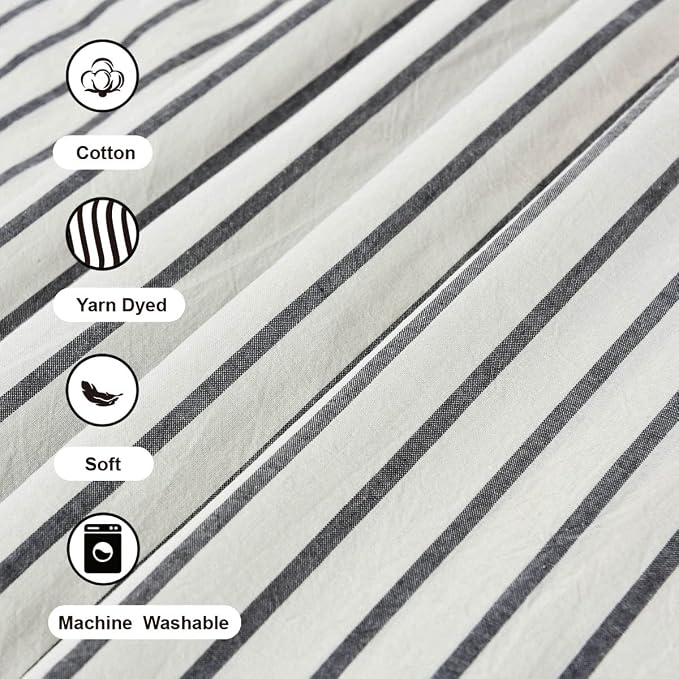 DOSLY Ides Farmhouse Shower Curtain, Beige and Black Striped, Button Curtain, Spa Waffle and Cotton Woven Fabric, Rustic Charm Country Chic Style, 72x96 in
