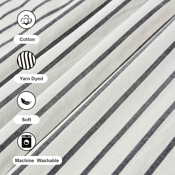 DOSLY IDÉES Farmhouse Shower Curtain, Beige and Black Striped, Button Curtain, Spa Waffle and Cotton Woven Fabric, Rustic Charm Country Chic Style, 72x84 in