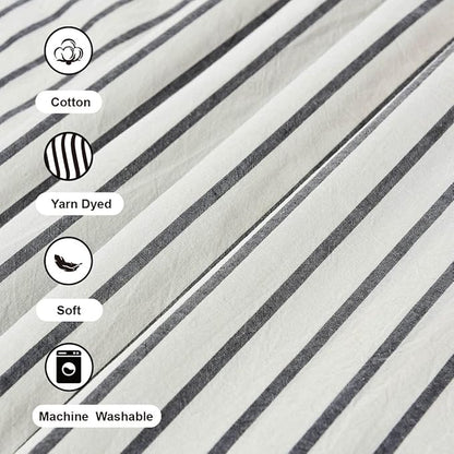 DOSLY IDÉES Farmhouse Shower Curtain, Beige and Black Striped, Button Curtain, Spa Waffle and Cotton Woven Fabric, Rustic Charm Country Chic Style, 72x84 in
