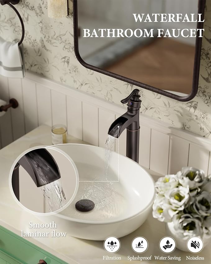 Waterfall Vessel Sink Faucet Brass Single Handle 1 Hole | Bathroom Sink Faucet with Pop Up Drain Without Overflow Oil Rubbed Bronze Tall Bathroom Faucets Homevacious