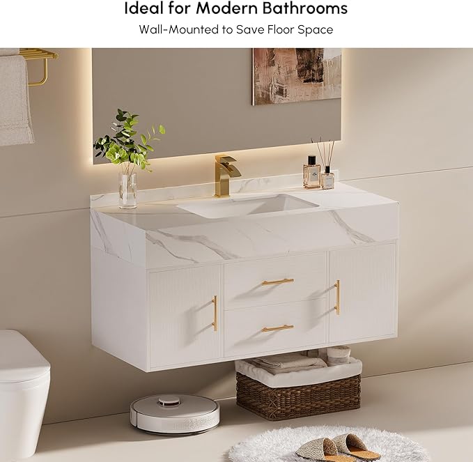 Bathroom Vanity with Sink, 39.3" Floating Bathroom Vanity Set, Modern Wall-Mounted Cabinet with Sintered Stone Countertop, Undermount Sink & White Finish, Easy to Clean