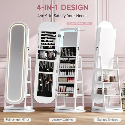360° Swivel Jewelry Mirror Cabinet with Lights, Inside Makeup Mirror, Standing Jewelry Armoire Organizer, Rotatable Full-Length Mirror with Jewelry Storage, Lockable with Back Storage Shelves (White)