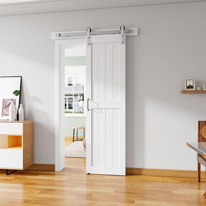 24''x84'' Sliding Barn Door with 5 Ft Brushed Nickel Hardware Kit | Pre-Drilled Holes Easy Assembly - Include Installation Manual, Water-Proof PVC Surface, H-Frame, White