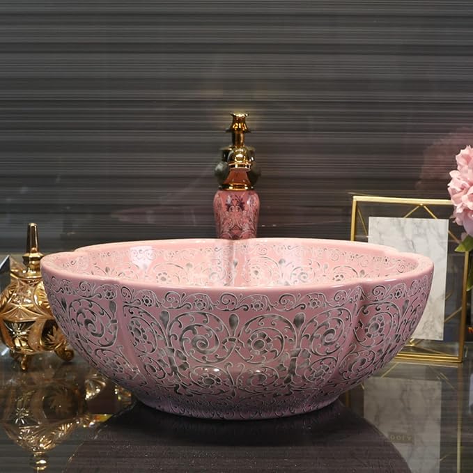 Bathroom Vessel Sinks Art Vintage Style Pink Flower Ceramic Above Counter Sink For Vanity Top