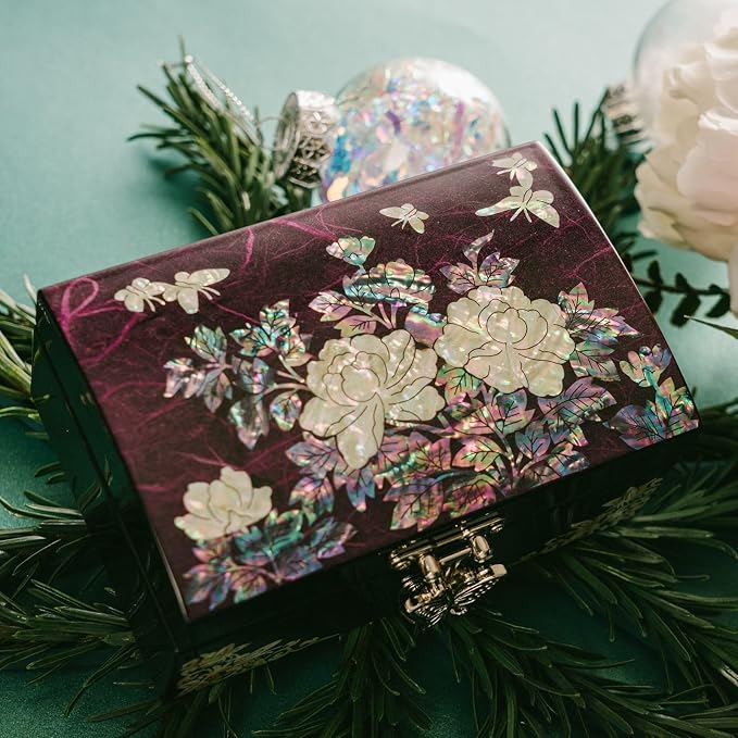 February Mountain Mother-of-Pearl Jewelry Box – Elegant Purple Lacquered Keepsake with Peony & Butterfly Design, Red Velvet Interior – Christmas, Birthday Gift, Unique Jewelry Organizer for Women
