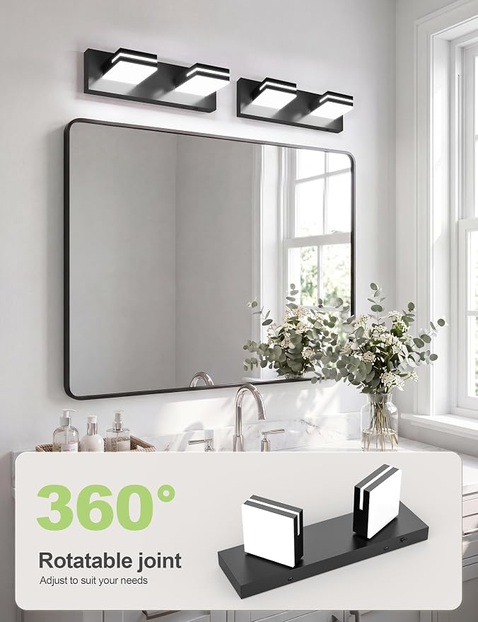 VOLISUN Modern Bathroom Vanity Light Fixtures (2-Light, 15.5-Inch), Matte Black LED Bathroom Lighting Fixtures Over Mirror, 360°Rotatable Head, LED Vanity Lights for Bathroom (Cool White 6000K)