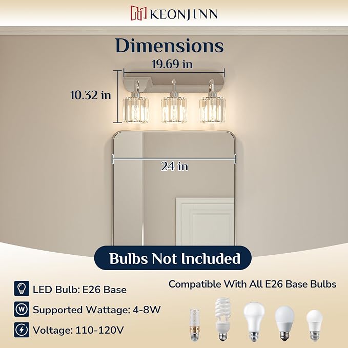Keonjinn 3-Light Chrome Bathroom Light Fixtures Over Mirror, Crystal | Vanity Lighting Fixture with Crystal Square Shades, Dimmable, Vintage Style, Compatible with E26 Base LED Bulbs(Exclude Bulb)