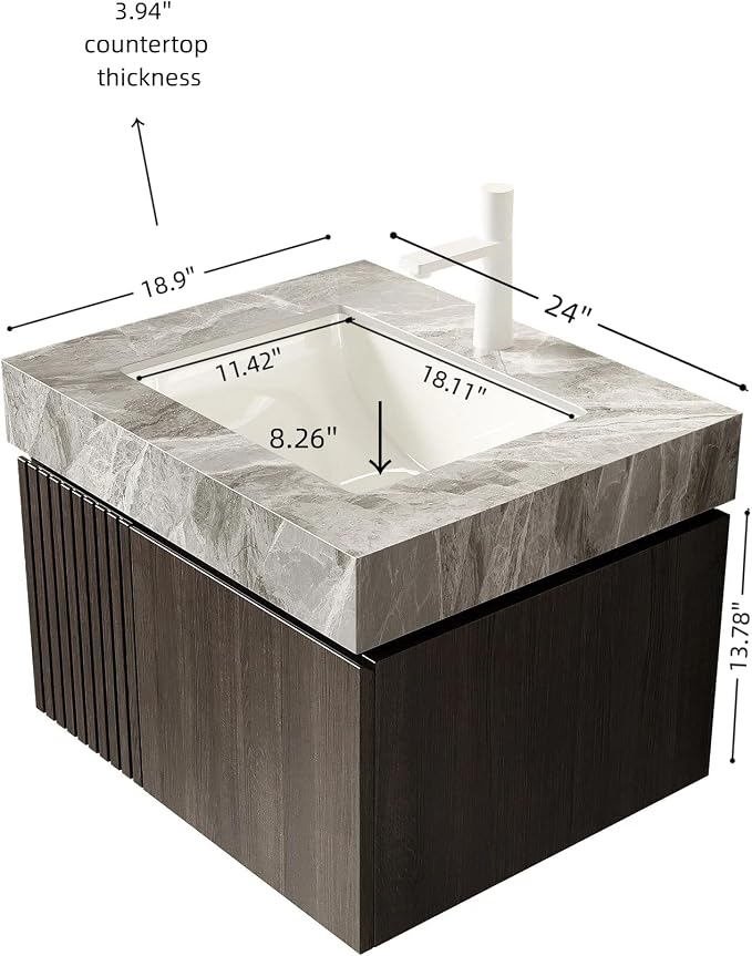 KEIKI 24 Inch Floating Bathroom Vanity with Sink, Espresso & Grey | Modern Wall Mounted Storage Cabinet with 2 Doors, Pre-assembled Wood Panels, Sintered Stone Top & Ceramic Basin Combo Set
