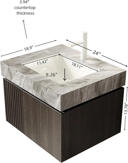 KEIKI 24 Inch Floating Bathroom Vanity with Sink, Espresso & Grey | Modern Wall Mounted Storage Cabinet with 2 Doors, Pre-assembled Wood Panels, Sintered Stone Top & Ceramic Basin Combo Set