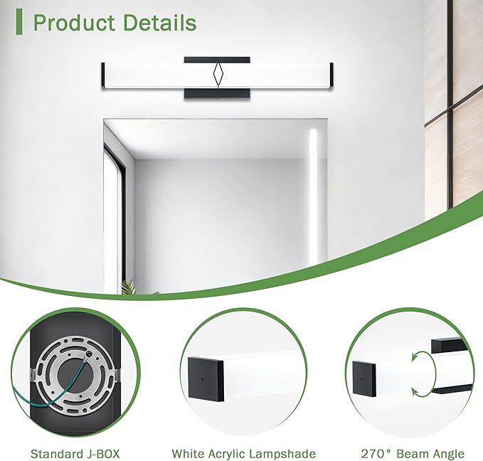 24 Inch Bathroom Vanity Light 2500LM, 5700K Daylight White Modern Bathroom Light Dimmable, AC 120V 25W Matte Black LED Vanity Lighting Fixtures Wall Sconce ETL Certified, 2Pack