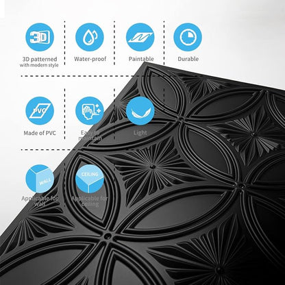 Art3d Decorative PVC Black Drop Ceiling Tile 2ft x 2ft, Glue up 3D Wall Panel 24 x 24in.12pcs | Waterproof, Break-Proof, Wipeable Surface, Scratch Resistant, Compatible with Grid System, Ideal for Commercial Spaces