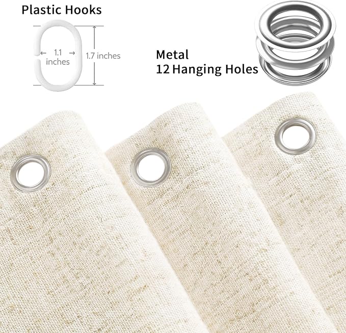 Linen Shower Curtain Flax White, Fabric Boho Farmhouse Shower Curtains for Bathroom Cotton Natural Cloth Liner Set 72" W x 72" L
