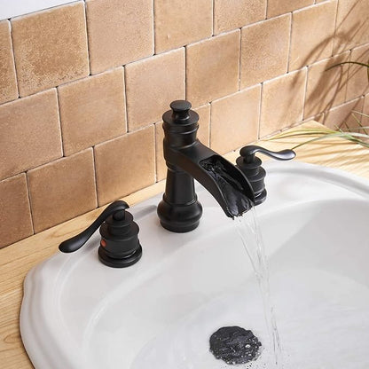 3 Hole 8 Inch Widespread Bathroom Sink Faucet Black Two Handles | Waterfall Spout,Lead-free,With Pop Up Drain and Supply Lines, Classic Farmhouse Retro, Stain Resistant Coating