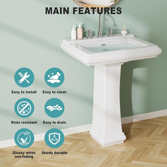 Bathroom Pedestal Sink 26 X 20 Inch | Ceramic Basin with Backsplash, 3 Faucet Holes (8 Inch Widespread), Space-Saving Design for Small Bathrooms