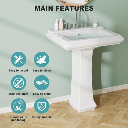 Bathroom Pedestal Sink 26 X 20 Inch | Ceramic Basin with Backsplash, 3 Faucet Holes (8 Inch Widespread), Space-Saving Design for Small Bathrooms
