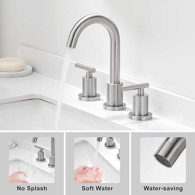 Waterfall Bathroom Faucets for Sink 3 Hole | Brushed Nickel Bathroom Faucet with Pop-up Drain, 8 Inch Widespread Bathroom Sink Faucet 2-Handles Vanity Faucet with Supply Lines