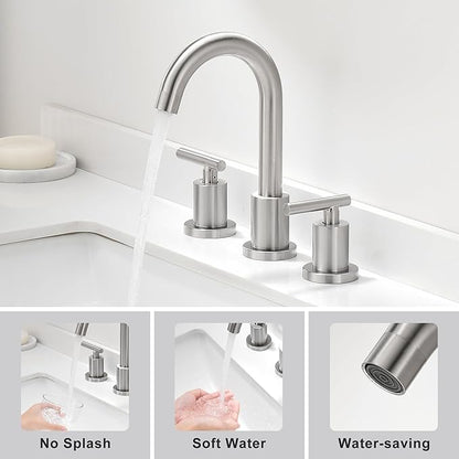 Waterfall Bathroom Faucets for Sink 3 Hole | Brushed Nickel Bathroom Faucet with Pop-up Drain, 8 Inch Widespread Bathroom Sink Faucet 2-Handles Vanity Faucet with Supply Lines