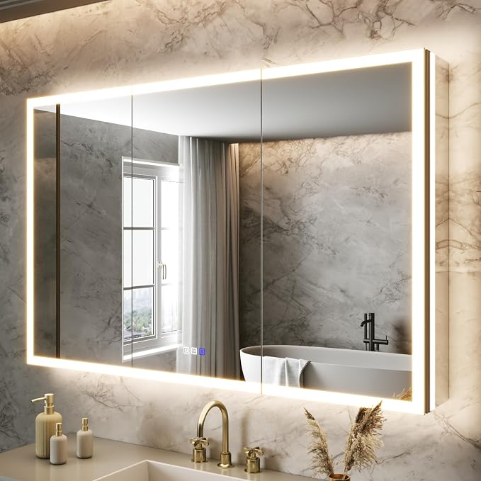 48x32 Lighted Medicine Cabinet, Separate Front & Back Lights | Surface/Recessed LED Medicine Cabinet for Bathroom with Side Mirrors, Dimmable Light, Anti-Fog, Memory,Silver Aluminum Frame