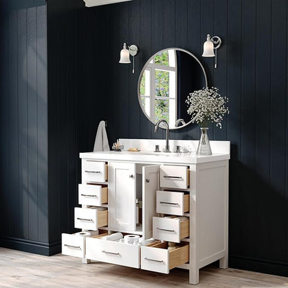 ARIEL Cambridge 42-inch Bathroom Vanity with Sink,Solid Wood, 1.5-inch Pure White Quartz Countertop & Backsplash, Single Oval Porcelain Sink, 2 Soft Closing Doors, 9 Dovetail Drawers, White