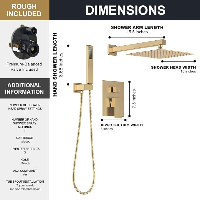 Lava Odoro Modern 2-Setting Square Shower Faucet Set with Shower Head and Handheld Sprayer Gold, Rainfall Shower System with Hand Shower, Shower Valve Trim Kit, Champagne Gold, SF103-CB