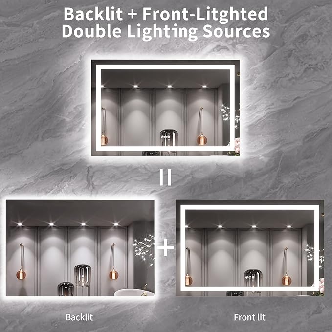 LOAAO 55X36 LED Bathroom Mirror with Lights, Anti-Fog, Dimmable, Backlit + Front Lit, Lighted Bathroom Vanity Mirror for Wall, Memory Function, Tempered Glass, ETL Listed | Anti-Fog, Dimmable, 3 Color Temperature, Backlit + Front Lit, Memory Function, ...