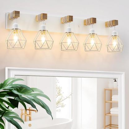 maesta 5 Light Bathroom Vanity Light, Farmhouse White Fixture Over Mirror | Farmhouse Bathroom Light Fixtures, Wood & Metal, Anti-Rust Easy to Install for Rustic Bathroom Hallway