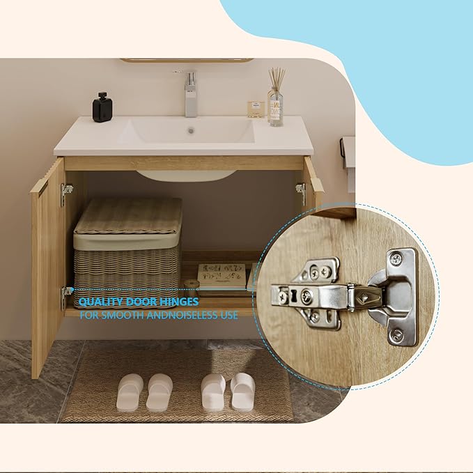 Modern Bathroom Vanity with Wavy Textured Doors - Wall Mounted Floating Cabinet, Soft-Close Waterproof Storage for Small Bathroom, Easy Install (Nature with Sink, 30)