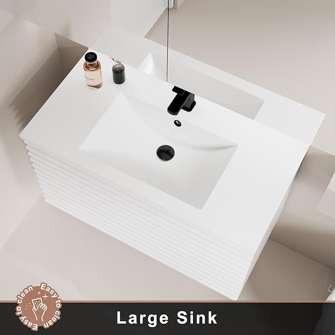 LUCKWIND 36" Floating Bathroom Vanity with Sink, Mid-Century Wall Mounted Big Drawer Cabinet with Large Sink, Water Saving Faucet and Wood Stripes Style, White