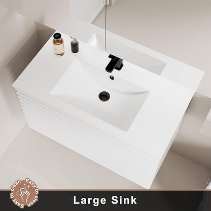 LUCKWIND 36" Floating Bathroom Vanity with Sink, Mid-Century Wall Mounted Big Drawer Cabinet with Large Sink, Water Saving Faucet and Wood Stripes Style, White