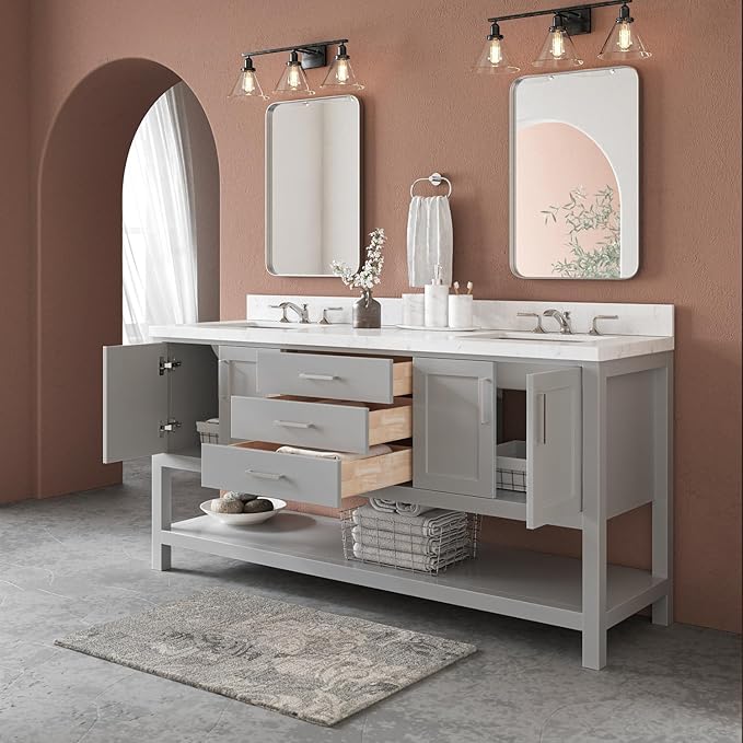 ARIEL Magnolia 72-inch Bathroom Vanity with Sink,Solid Wood, 1.5-inch Carrara White Quartz Countertop & Backsplash, Double Rectangular Porcelain Sink, 4 Soft Closing Doors, 3 Dovetail Drawers, Grey