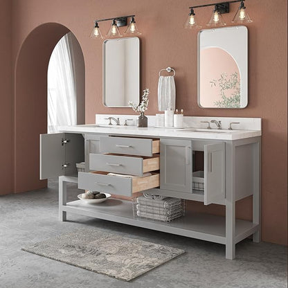 ARIEL Magnolia 72-inch Bathroom Vanity with Sink,Solid Wood, 1.5-inch Carrara White Quartz Countertop & Backsplash, Double Rectangular Porcelain Sink, 4 Soft Closing Doors, 3 Dovetail Drawers, Grey