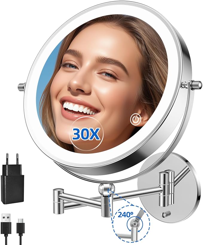 9"Wall Mounted Makeup Mirror with Lights,5000mAh Rechargeable 1X/30X | Lighted Magnifying Mirror,Double Sided Wall Mirror for bathroom,3Color Lighting,Touch Dimming, Extended Arm 360 Rotation
