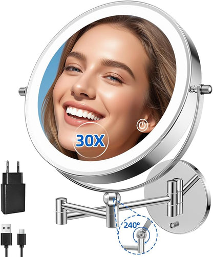 9"Wall Mounted Makeup Mirror with Lights,5000mAh Rechargeable 1X/30X | Lighted Magnifying Mirror,Double Sided Wall Mirror for bathroom,3Color Lighting,Touch Dimming, Extended Arm 360 Rotation