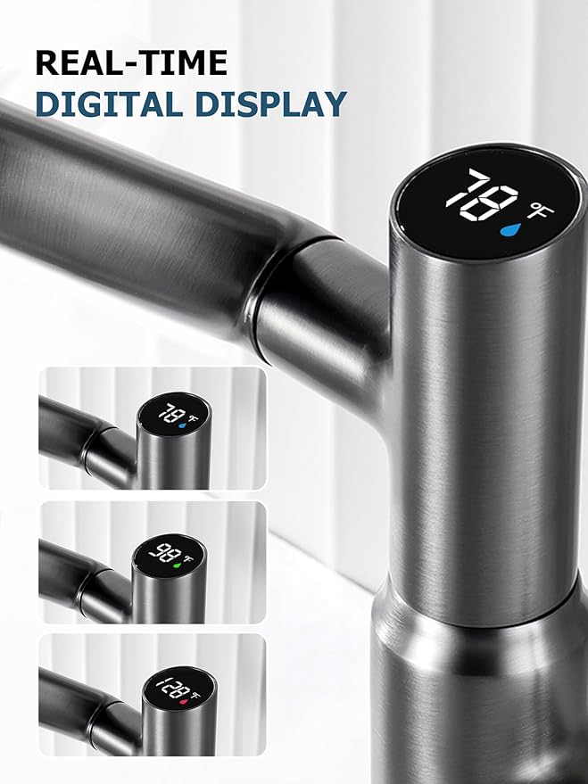 Lefton Rotatable Bathroom Faucet with Temperature Display in Fahrenheit (Batteries-Free), 3 Water Modes, Dark Grey, BF2204-2